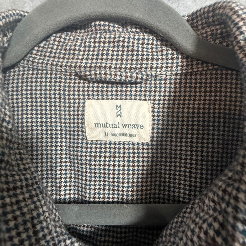 Mutual Weave Mens XL Houndstooth Cotton Button Down Shirt Blue Brown 0079 - Picture 2 of 8